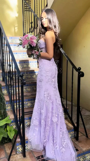 Purple Strapless Tulle Lace Appliques Evening Dress Mermaid Prom Dress Y7910 by simplepromdress
