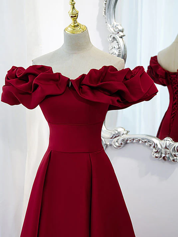 Burgundy A-Line Off Shoulder Satin Homecoming Dress Y2506