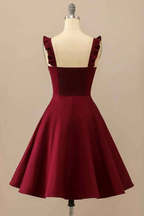 Burgundy A-line Ruffle Straps Satin Mini Homecoming Dress Y2176 by simplepromdress
