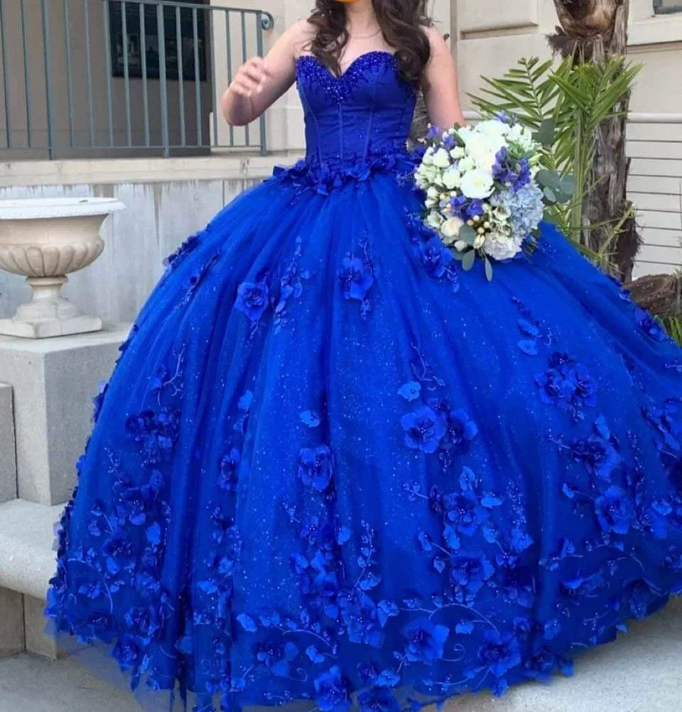 3D Flowers Crystals Royal Blue Ball Gown Quinceanera Dresses With Appliques Sweet 16 Dress Y4089 by simplepromdress