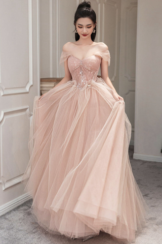 Vestido de fiesta largo de tul rosa Vestido de noche rosa Y1825