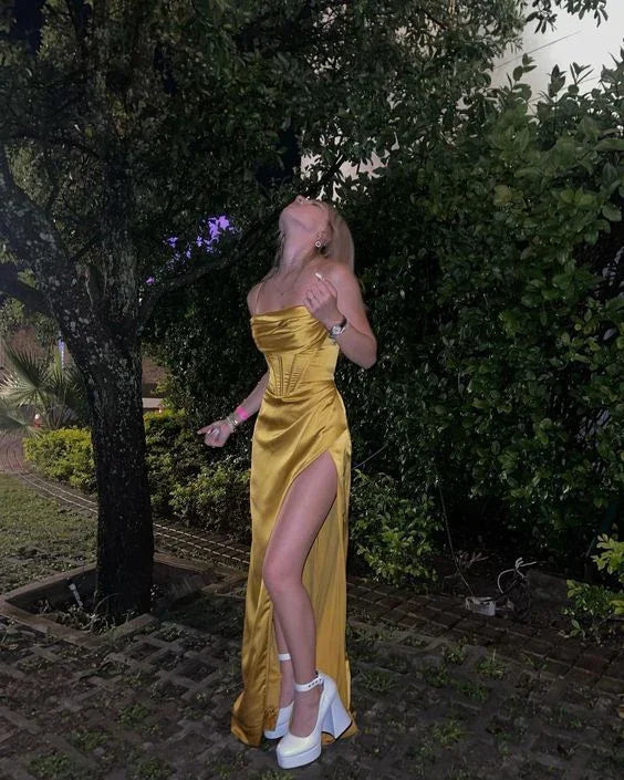 Sexy Mermaid Silk Satin Evening Dress Long Yellow Prom Dress Y7304 by simplepromdress