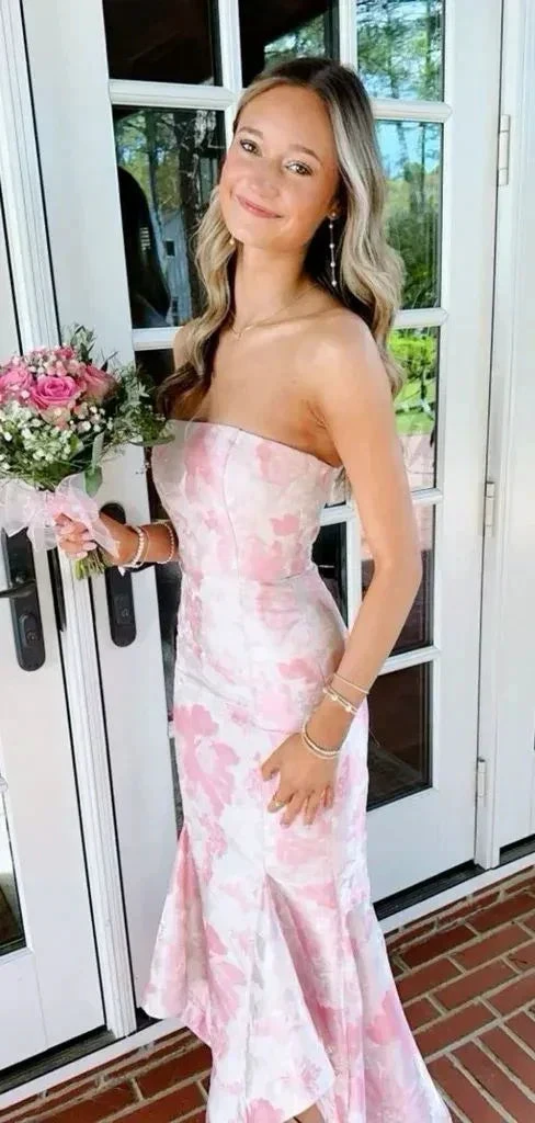 Sweet Pink Satin Print Floral Evening Dress Mermaid Prom Dress Y7828 by simplepromdress