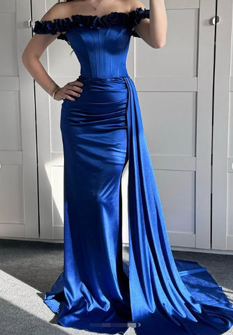 Vestido de noche azul de corte sirena con hombros descubiertos, vestido formal de fiesta Y7842