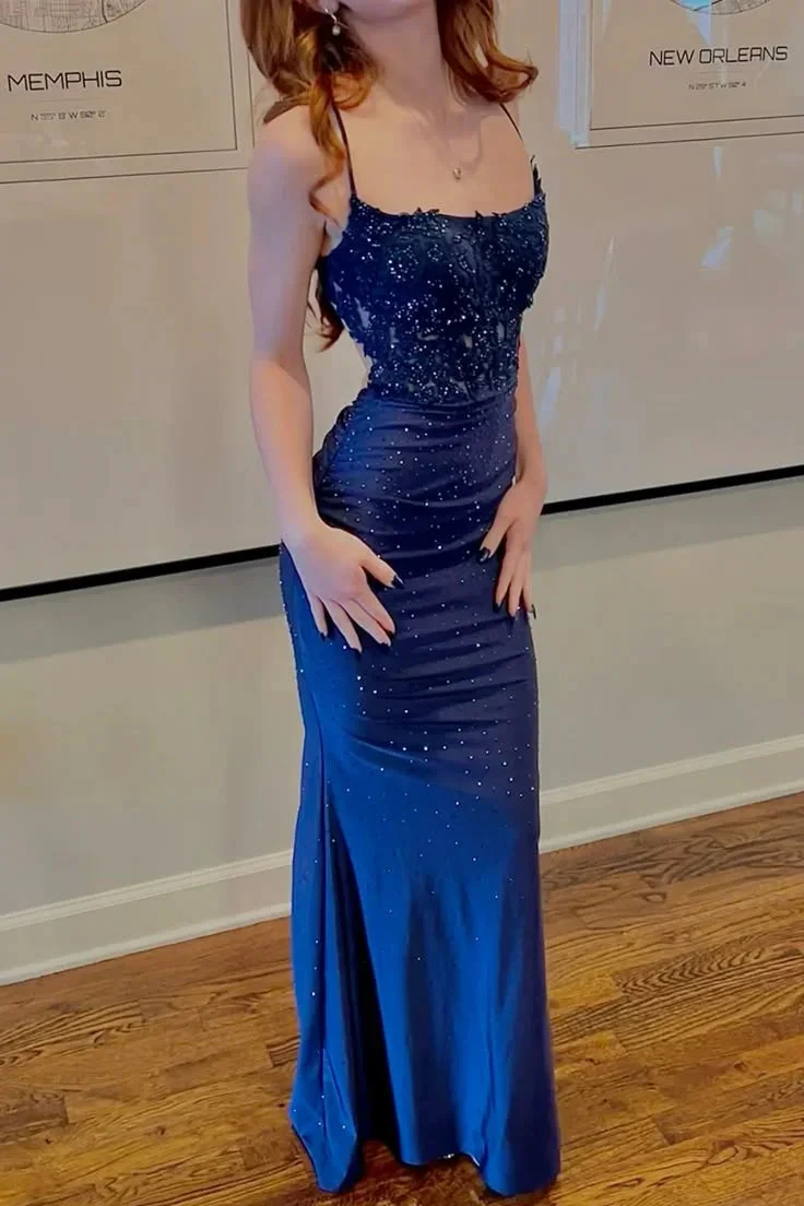 Spaghetti Straps Sequins Appliques Prom Dress Blue Satin Mermaid Evening Dress Y8147 by simplepromdress