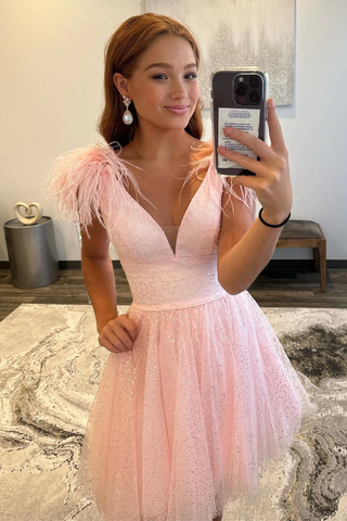 Pink A-line Tulle Deep V Neck Homecoming Dress with Feathers Y2427