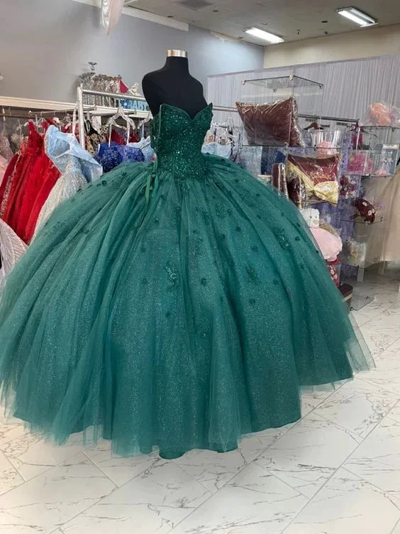 Ball Gown Beaded Quinceanera Dress Spaghetti Straps Emerald Green Sweet 16 Dress Y1621 by simplepromdress