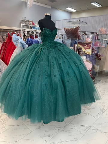 Vestido de quinceañera con cuentas y tirantes finos, color verde esmeralda, para dulces 16, Y1621
