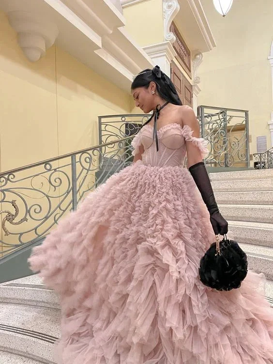 Sweetheart Tulle Ball Gown Evening Dresses Dirty Pink Saudi Arabia Long Ruffle Prom Gown For Women Y4661 by simplepromdress