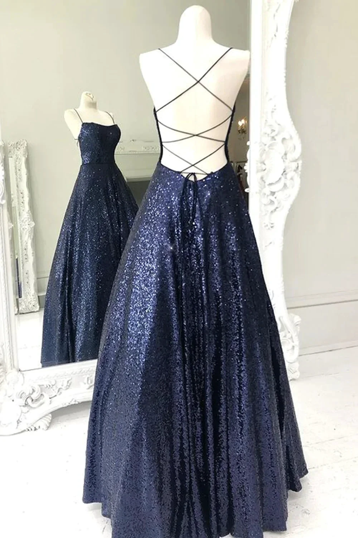 Sparkly Backless Navy Blue Long Prom Dresses Open Back Long Navy Blue Formal Evening Dresses Y875 by simplepromdress