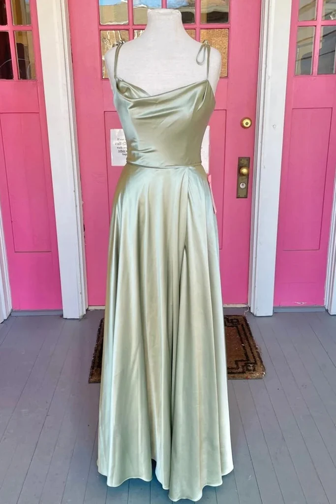 Open Back Sage Satin Long Prom Dress with High Slit, Long Sage Formal Graduation Evening Dress Y207