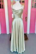 Open Back Sage Satin Long Prom Dress with High Slit, Long Sage Formal Graduation Evening Dress Y207 by simplepromdress
