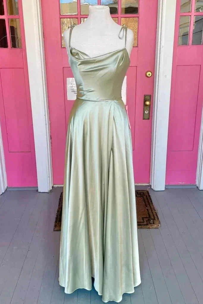 Open Back Sage Satin Long Prom Dress with High Slit, Long Sage Formal Graduation Evening Dress Y207 by simplepromdress