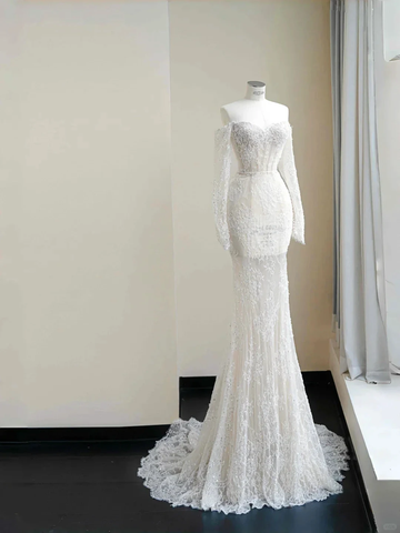 Romantic White Lace Appliques Tulle Sequin Mermaid Prom Dress Off Shoulder Evening Dress Y8663 by simplepromdress