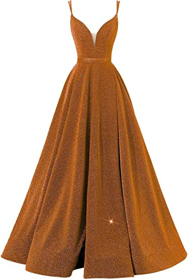 Glitter Spaghetti V-Neck Prom Dresses Long  Formal Evening Dress Y871