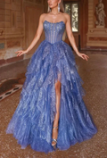 Fairy Blue Strapless Beaded Tulle Evening Dress Slit A Line Prom Dress Ball Gown Y7960 by simplepromdress