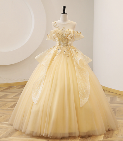 Gelbes Ballkleid mit Perlen Sweet 16 Kleid, gelbes langes Abendkleid Y4045