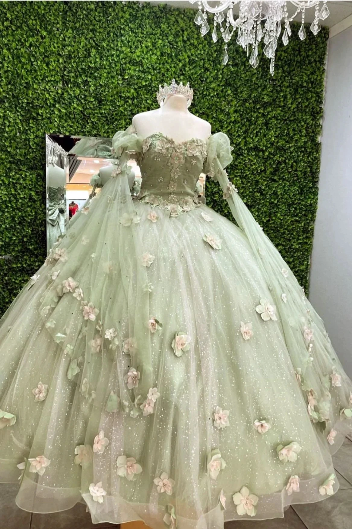 Shiny Light Sage Green Princess Dress with Flowers .Light Sage Green Ball Gown,Sweet 16 Dress Y2188 by simplepromdress