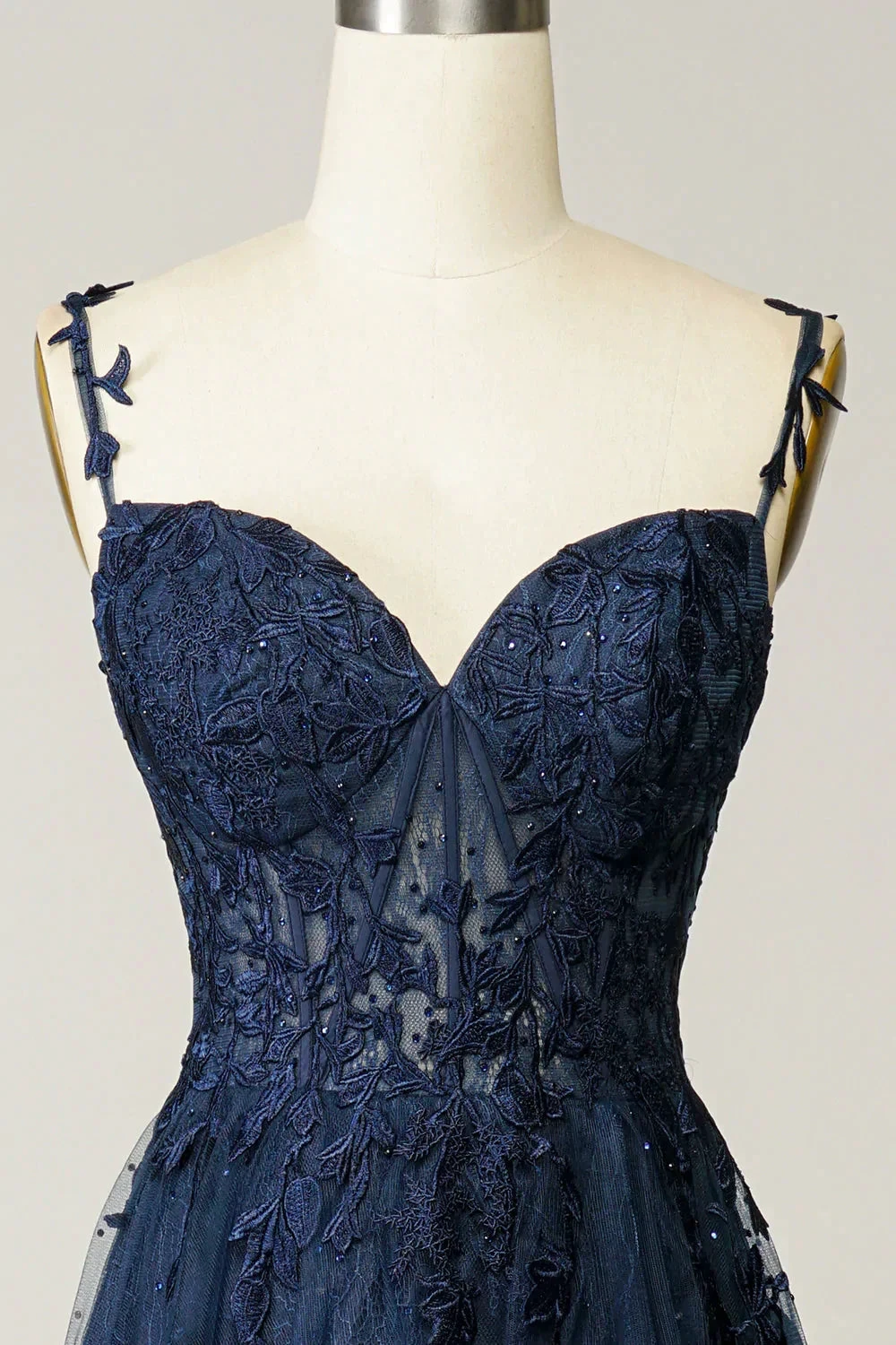A-line Navy Blue Prom Dress Lace Tulle Evening Dress Y382 by simplepromdress