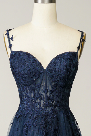 A-Linie Marineblaues Ballkleid Spitze Tüll Abendkleid Y382