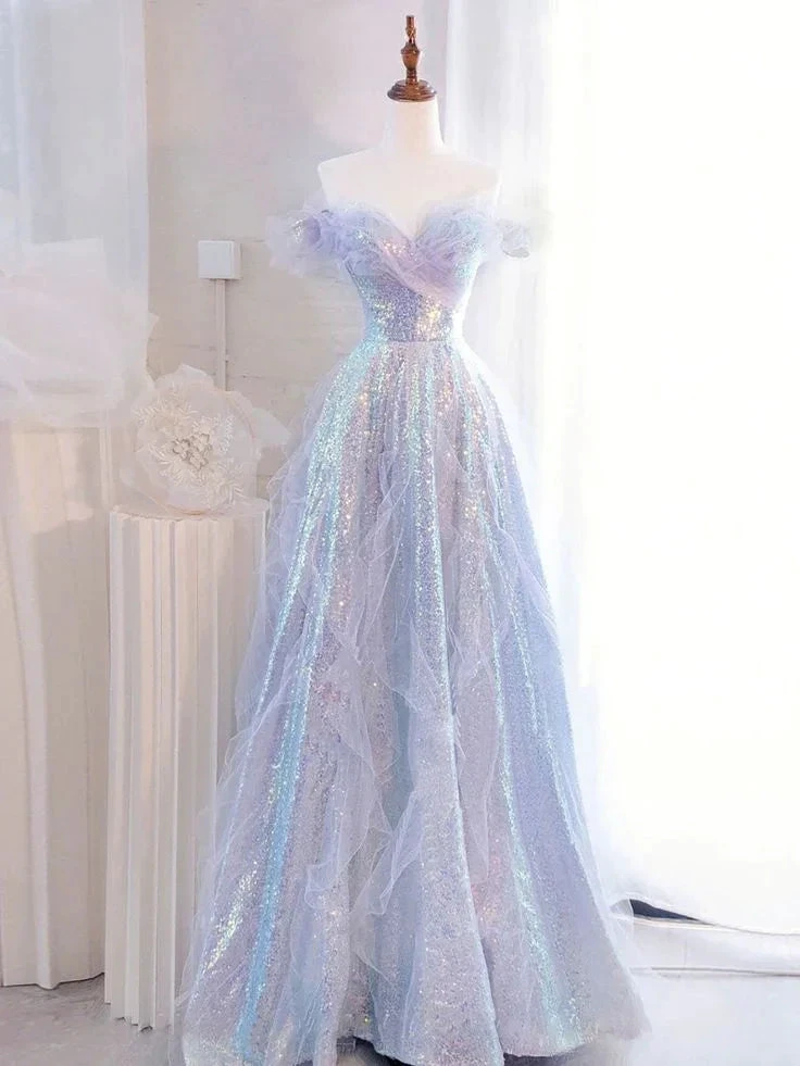 Purple Off Shoulder Sequin Tulle Long Prom Dress Formal Evening Dresses Y5864 by simplepromdress