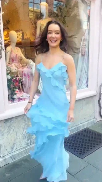 Elegant Spaghetti Straps Blue Ruffle Chiffon Prom Dress Backless Evening Dress Y8267 by simplepromdress