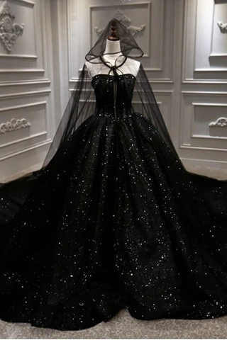 Vestido de fiesta princesa negro sin tirantes y brillante con lentejuelas Y56