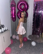 Cute Pink Satin Print Homecoming Dress Short Birthday Dress Y8059 by simplepromdress
