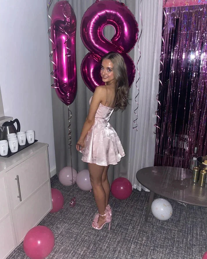 Cute Pink Satin Print Homecoming Dress Short Birthday Dress Y8059 by simplepromdress