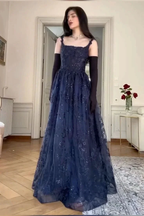 Navy Blue A Line Lace Appliques Prom Dress Elegant Evening Gown Y7830 by simplepromdress