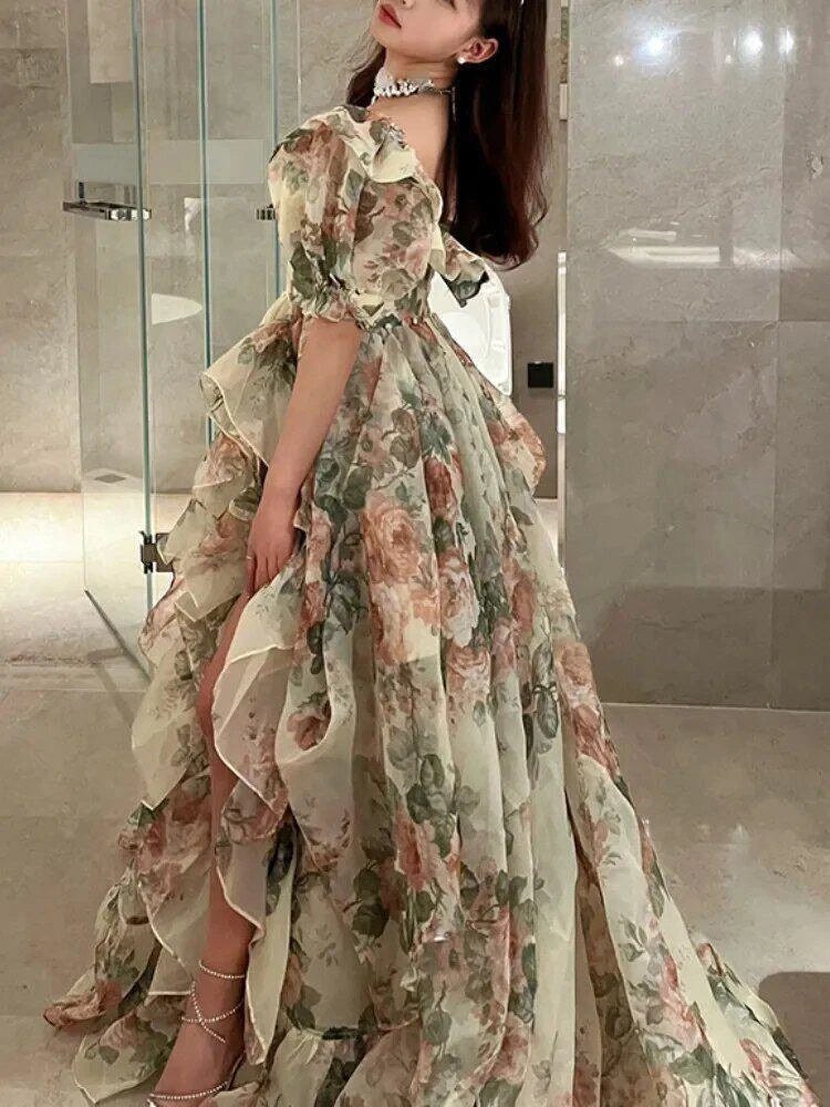 Print Floral Vintage Dress Open Fork Elegant Evening Dress Puff Sleeves Sweet Female New (ZD00520)