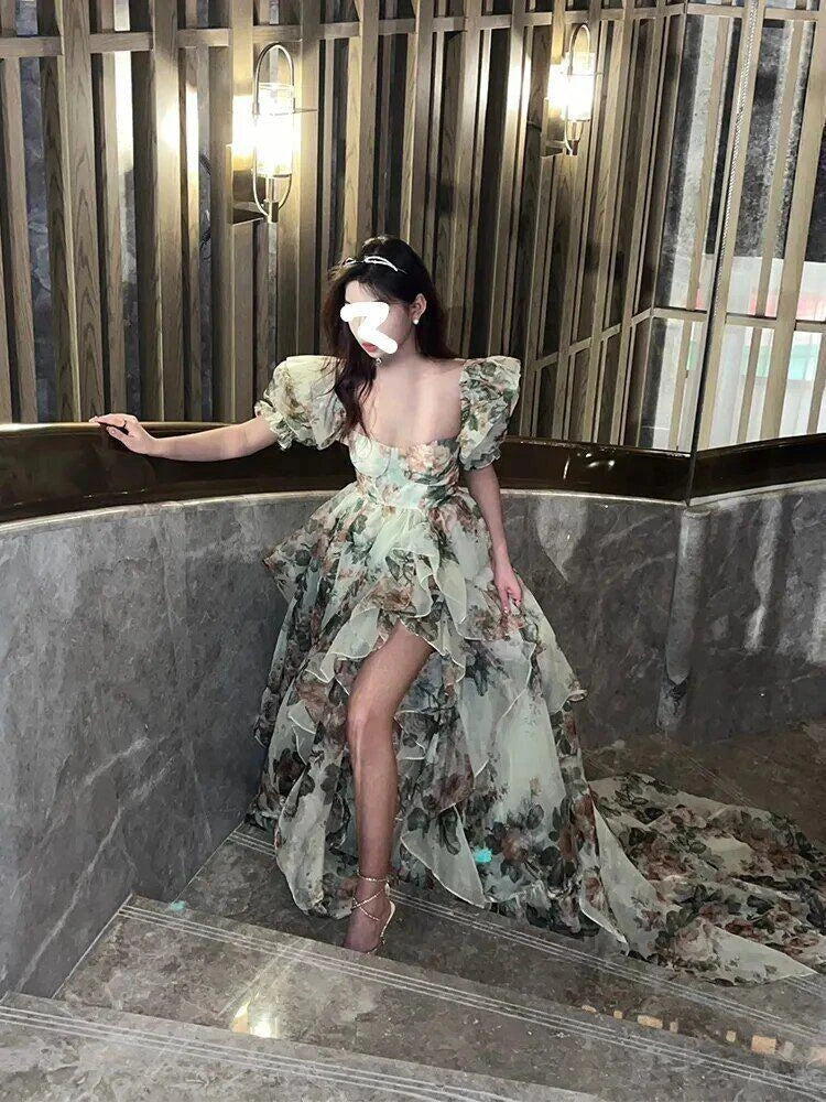 Print Floral Vintage Dress Open Fork Elegant Evening Dress Puff Sleeves Sweet Female New (ZD00520)