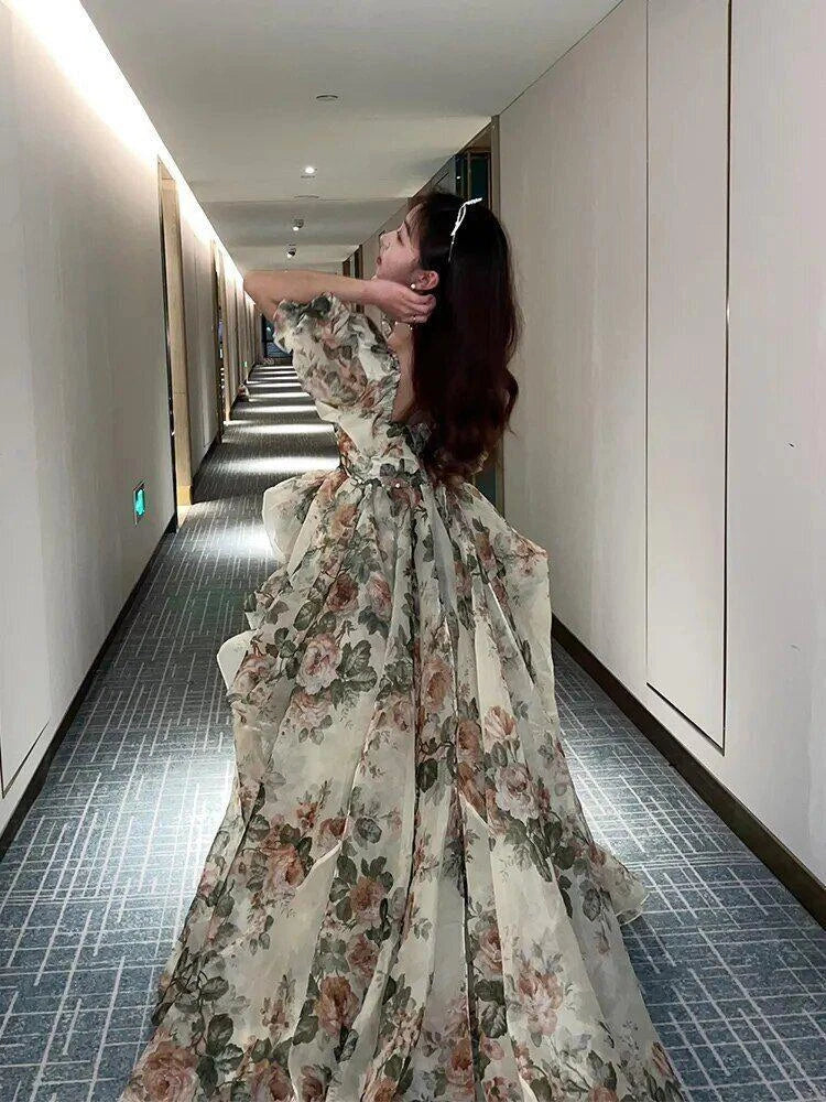 Print Floral Vintage Dress Open Fork Elegant Evening Dress Puff Sleeves Sweet Female New (ZD00520)