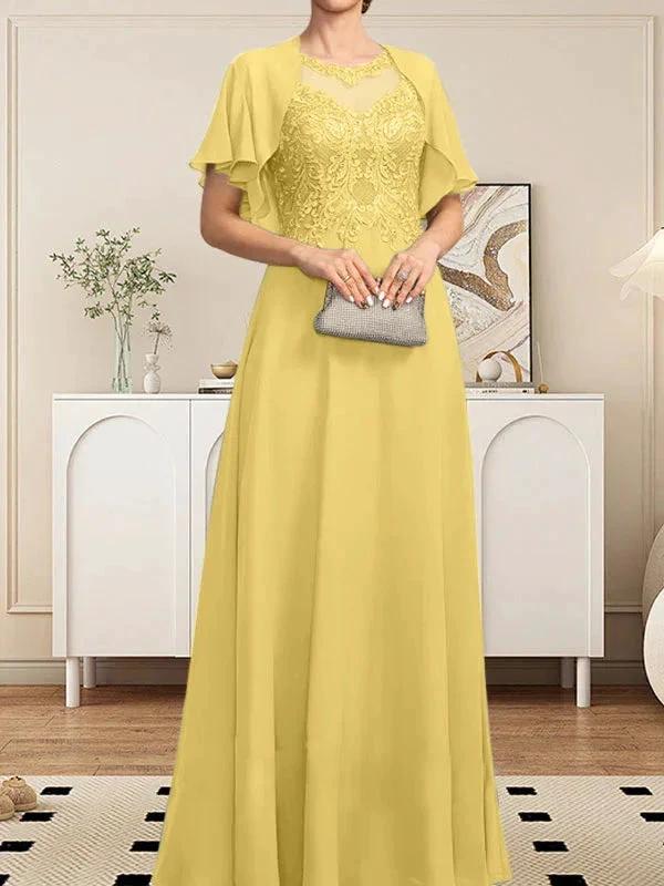 A-line Scoop Illusion Floor-Length Lace Chiffon Mother of the Bride Dress With Sequins by Dreamylily