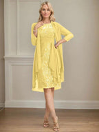 Sheath/Column Scoop Illusion Knee-Length Lace Chiffon Mother of the Bride Dress With Cascading Ruffles Sequins by Dreamylily