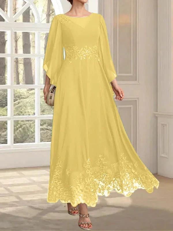 A-line Scoop Illusion Ankle-Length Lace Chiffon Mother of the Bride Dress With Sequins by Dreamylily