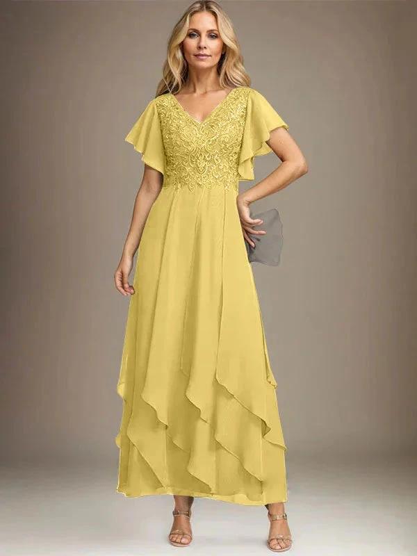 A-line V-Neck Ankle-Length Lace Chiffon Mother of the Bride Dress With Cascading Ruffles by Dreamylily
