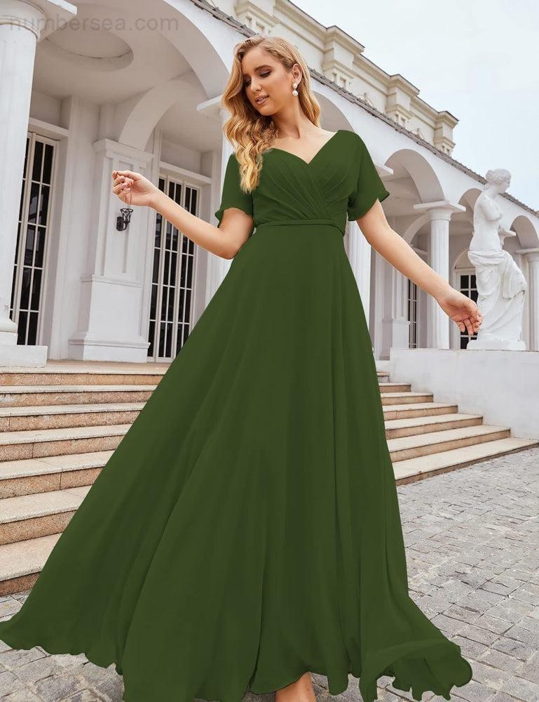 Numbersea Wrap V-Neck Chiffon Bridesmaid Dresses Long Formal Maxi Evening Gown for Wedding Guests  SEA28049