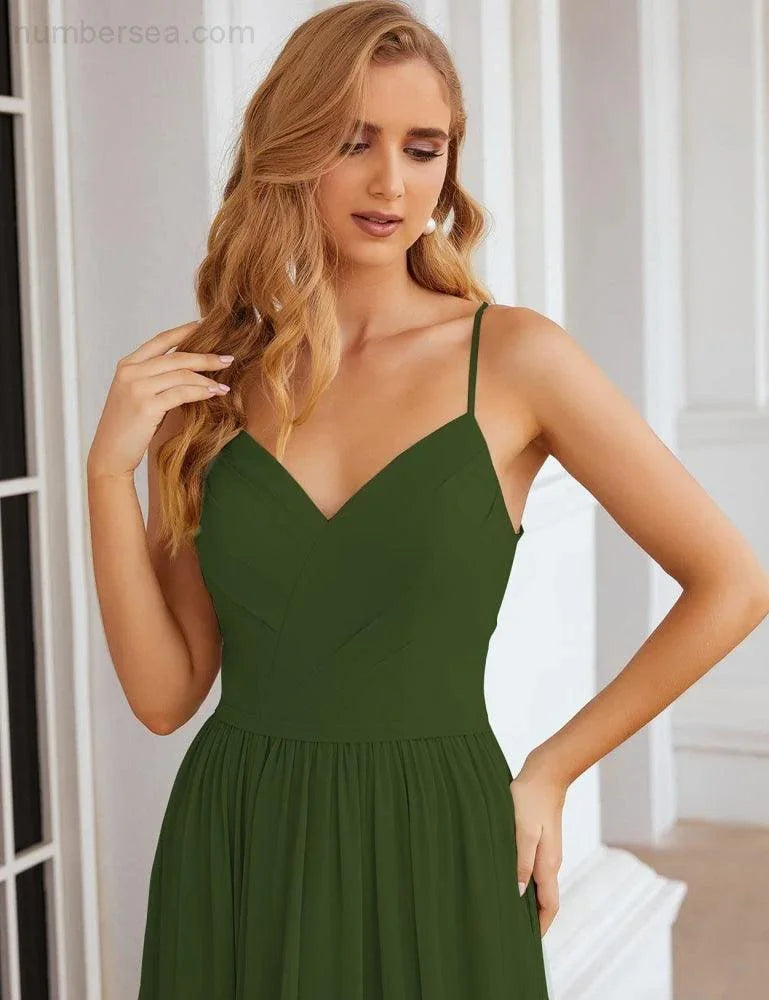 Numbersea Spaghetti-Träger Brautjungfernkleider Lange formelle Party- und Ballkleider 28060 