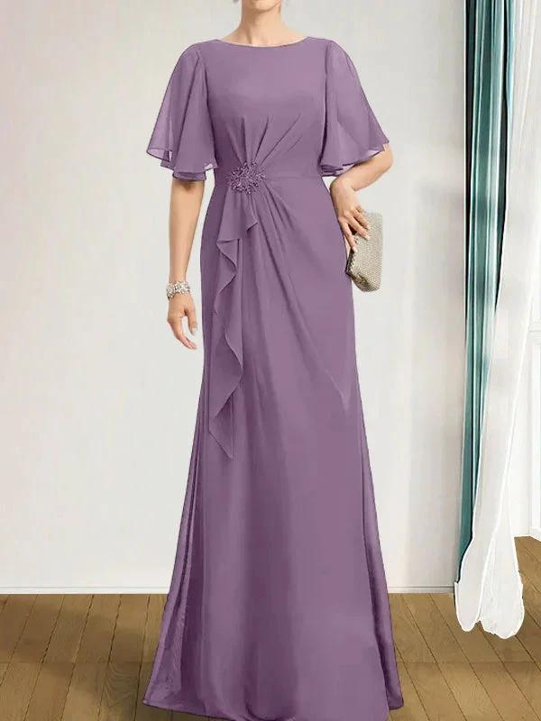 A-line Scoop Floor-Length Chiffon Mother of the Bride Dress With Cascading Ruffles Beading Sequins by Dreamylily