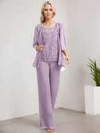 Separates Jumpsuit/Pantsuit Scoop Floor-Length Lace Chiffon Mother of the Bride Dress With Sequins