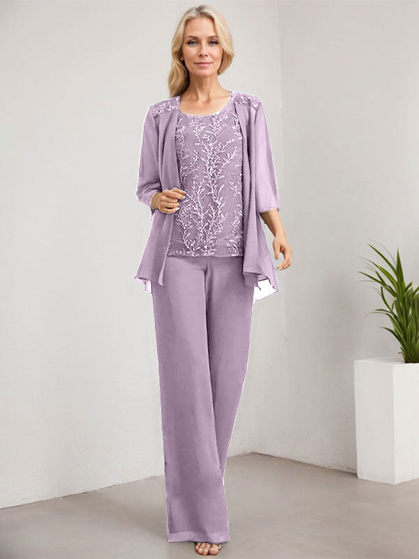 Separates Jumpsuit/Pantsuit Scoop Floor-Length Lace Chiffon Mother of the Bride Dress With Sequins
