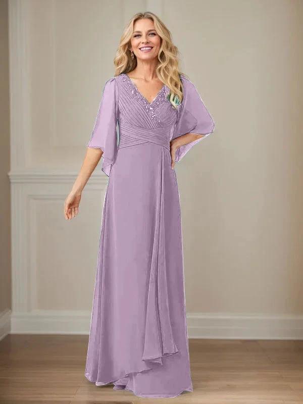 A-Line V-Neck Long Sequins Chiffon Mother Dress by Dreamylily