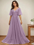 A-line V-Neck Floor-Length Chiffon Mother of the Bride Dress With Sequins Appliques Lace Pleated by Dreamylily
