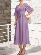 A-line V-Neck Tea-Length Lace Chiffon Mother of the Bride Dress With Pleated by Dreamylily