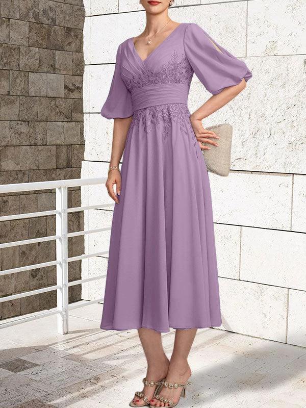 A-line V-Neck Tea-Length Lace Chiffon Mother of the Bride Dress With Pleated by Dreamylily