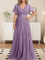 A-line V-Neck Floor-Length Chiffon Mother of the Bride Dress With Crystal Brooch Pleated by Dreamylily