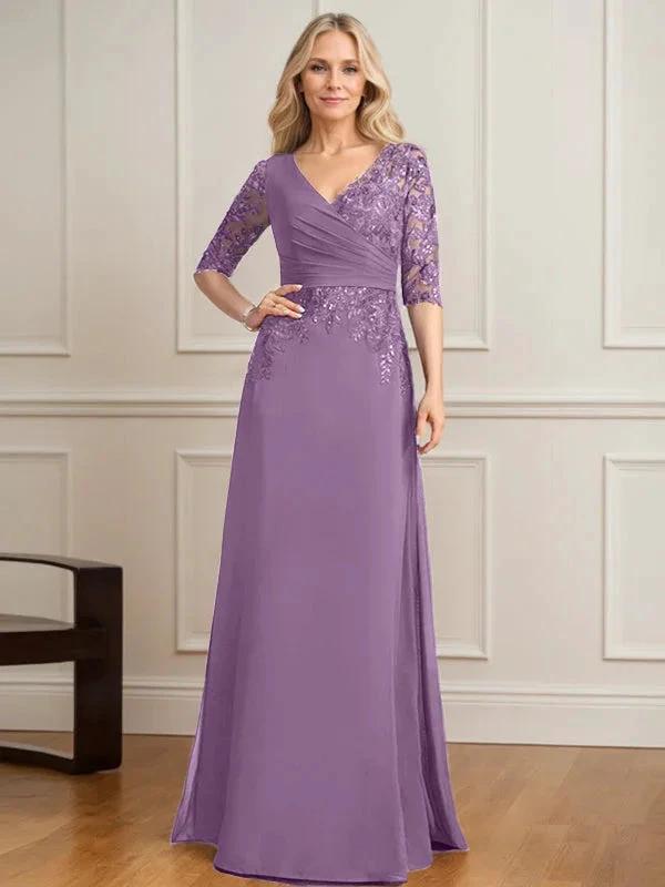 A-line V-Neck Floor-Length Lace Chiffon Mother of the Bride Dress With Pleated Sequins by Dreamylily