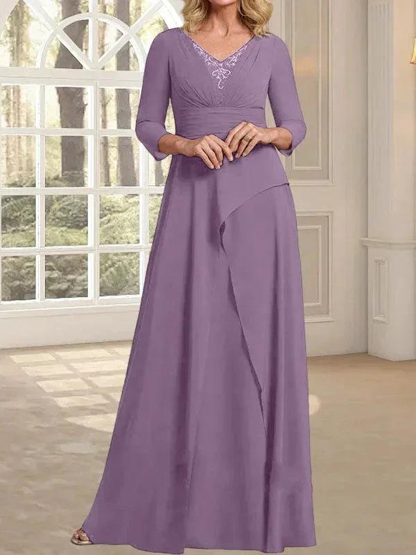 A-line V-Neck Floor-Length Chiffon Mother of the Bride Dress With Pleated Beading by Dreamylily