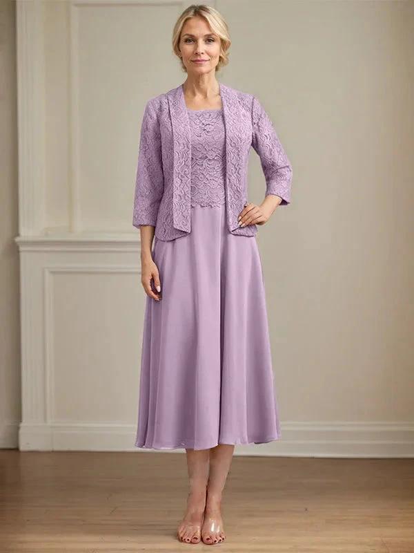 A-line Scoop Tea-Length Lace Chiffon Mother of the Bride Dress by Dreamylily